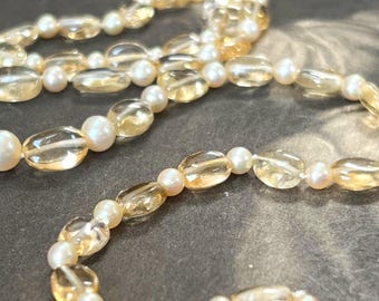 Vintage Natural Citrine & Pearl Necklace – Pale Lemon Citrine – Saltwater Cultured Pearls – 18"