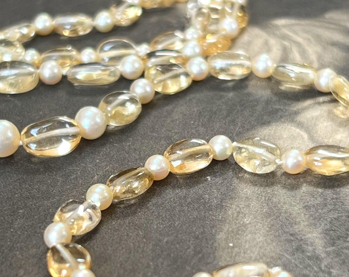 Vintage Natural Citrine & Pearl Necklace – Pale Lemon Citrine – Saltwater Cultured Pearls – 18"