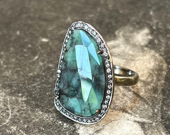 Natural Emerald Freeform Ring 925 Silver Gold Gilt | Large Emerald Cabochon Crystal Halo Ring | Statement Vintage Ring | Artisan Jewellery