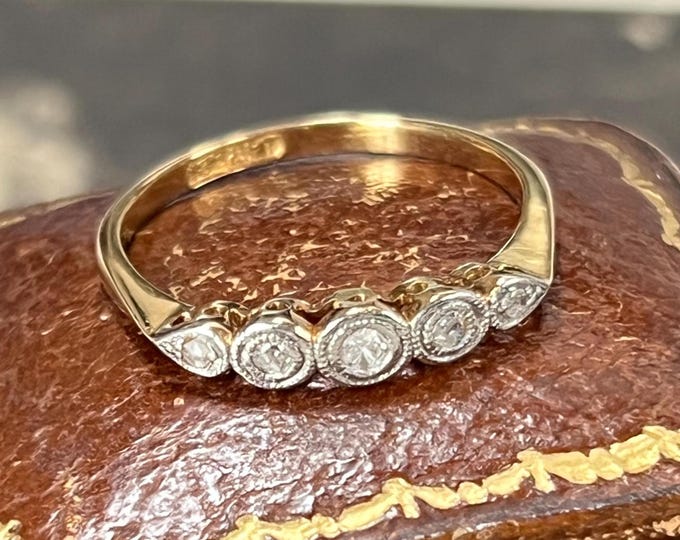 Edwardian 18ct Gold Five Stone Diamond Ring | Platinum Milgrain Band, Mine & Rose Cuts