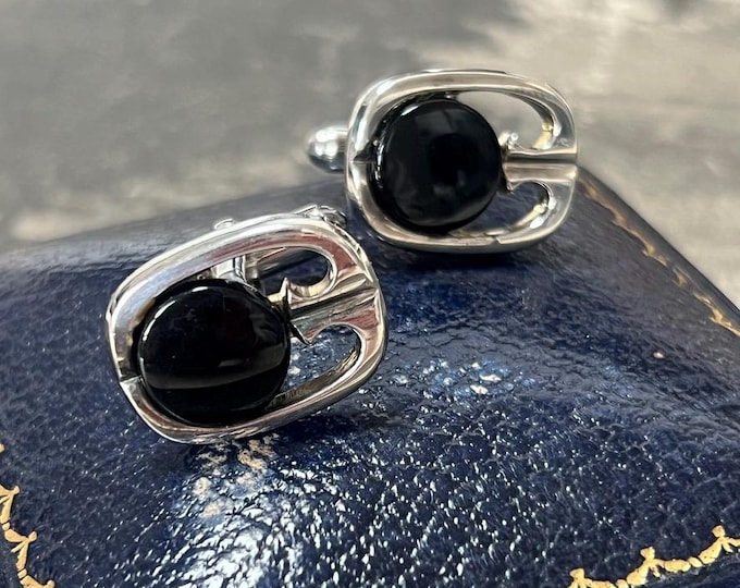 1970s Black Agate Silver Cufflinks | Birmingham Sterling Silver 1978