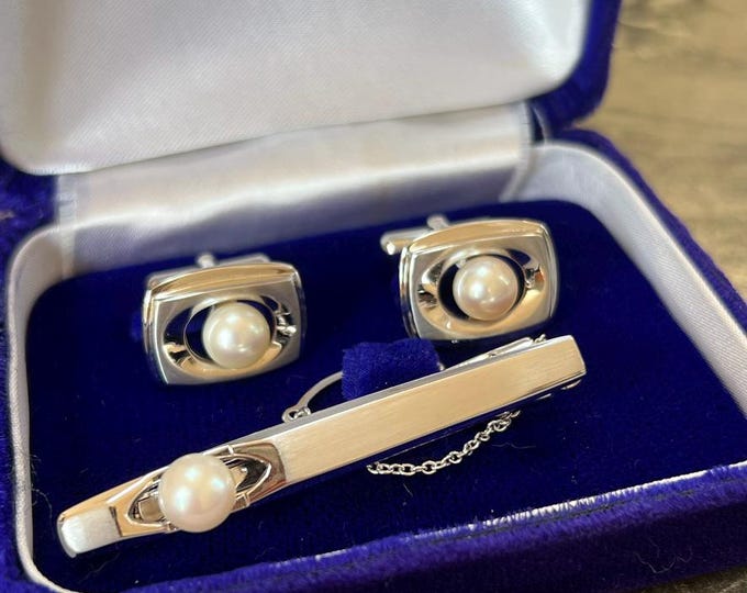 Vintage Japanese Pearl Cufflinks & Tie Slide Set, Sterling Silver Wedding Gift, Classic Style