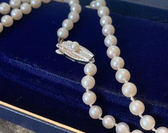 Vintage 1950s Mikimoto Akoya Pearl Necklace: Princess Length, Silver Clasp, Original Box