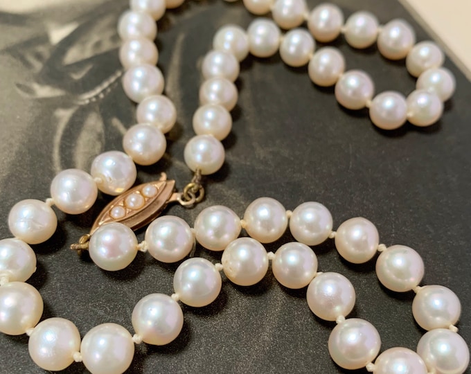 7mm Akoya Pearl necklace. Princess length with 9ct gold pearl clasp. 1979 vintage English hallmark