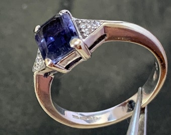 Water sapphire and diamond ring | 9ct white gold | Ring size L, size 5.5 US | Emerald cut iolite gemstone | 3.5 grams | English Hallmark