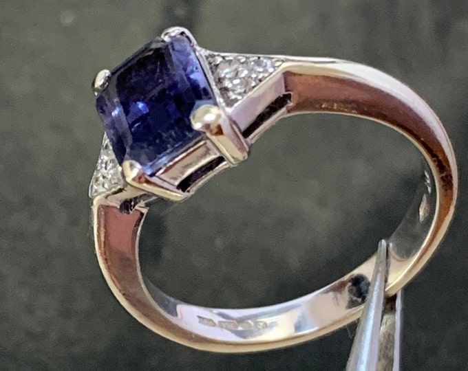 Water sapphire and diamond ring | 9ct white gold | Ring size L, size 5.5 US | Emerald cut iolite gemstone | 3.5 grams | English Hallmark