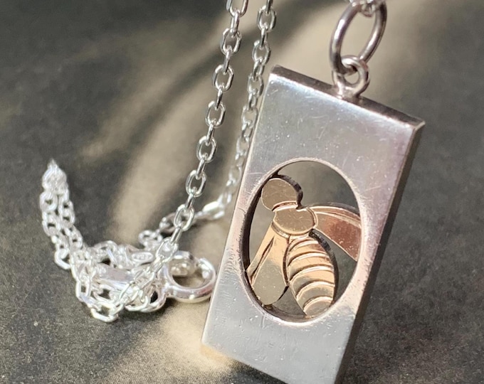 Nina Breddal Finland Honeybee Pendant sterling silver and gold gilt vintage circa 1970s with 18 inch 100% recycled eco silver 6 grams total