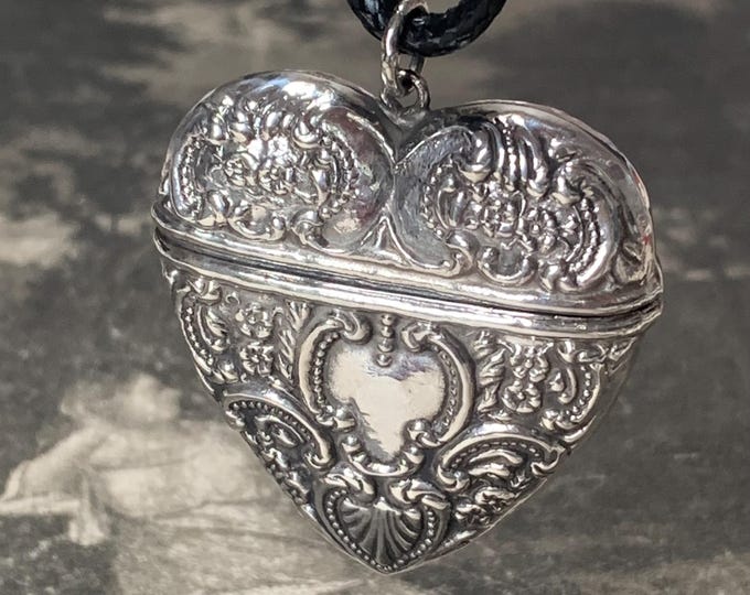 Sterling Silver Heart Locket Pendant Necklace for chain or strap. Victorian Style vintage with hallmark dates 1968 on a free strap