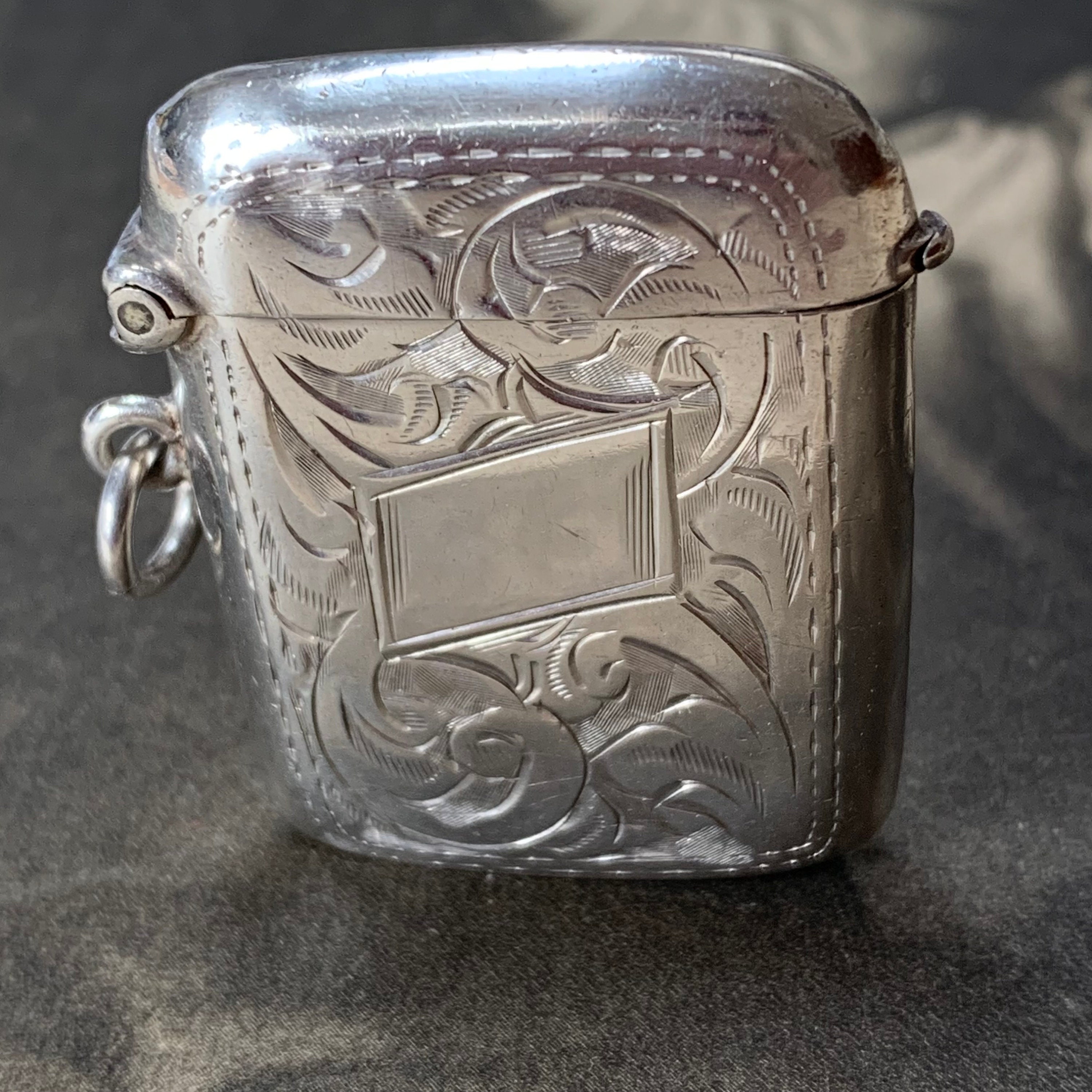 Art Deco Sterling Silver Vesta Locket With Forget Me Not Engravings. A Special & Beautiful Keepsake Pendant That Dates From 1925