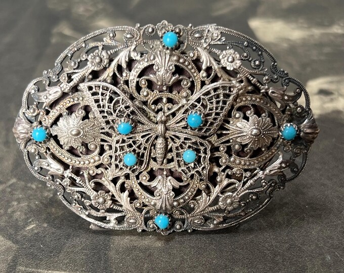Victorian Butterfly Brooch with Mirror | Antique Filigree Butterfly Pin