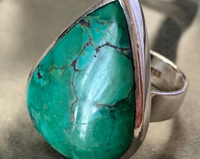 Vintage Turquoise Sterling Silver Ring: 1980s Gemstone Statement, Size 9
