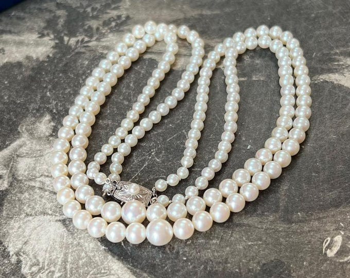 Stunning Mikimoto Pearl Twin Row Necklace with Silver Pearl Set Clasp