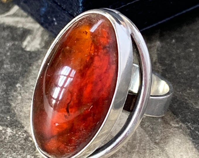 1960s Natural Amber Silver Ring Niels Erik From. Ring size M, size 6 (US). Beautiful bezel set cabochon gemstone with total weight 8.6 grams