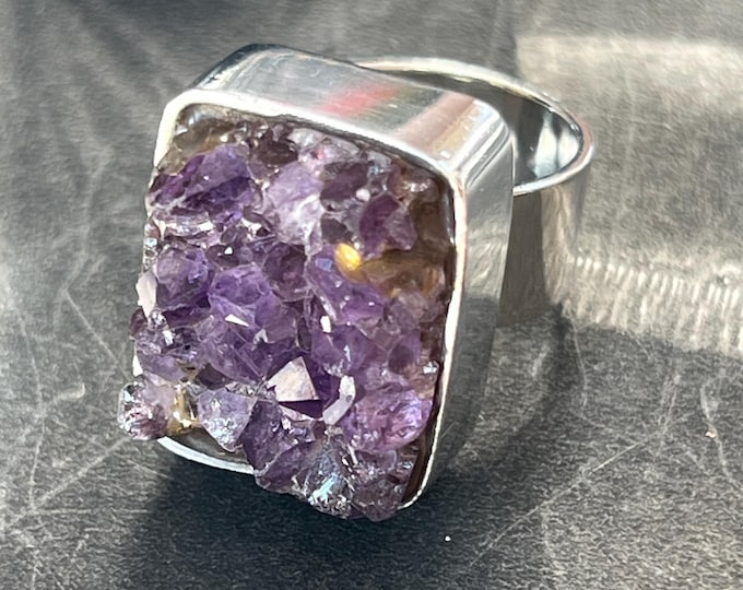 Vintage Ametrine Druzy Quartz Statement Ring | 1980s German 900 Silver Modernist Sculptural Ring