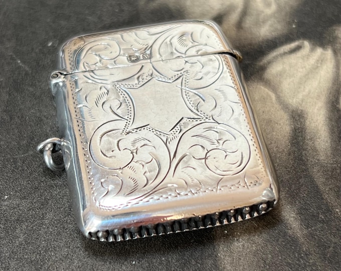 Antique Sterling Silver Vesta Locket Art Deco Engraved Keepsake Forget-me-not pendant 1920 Hallmark  Weight 23.5 grams for chain or strap