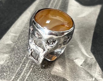 Vintage Sterling Silver Orange Agate Brutalist Statement Ring - Circa 1970s - Size L UK