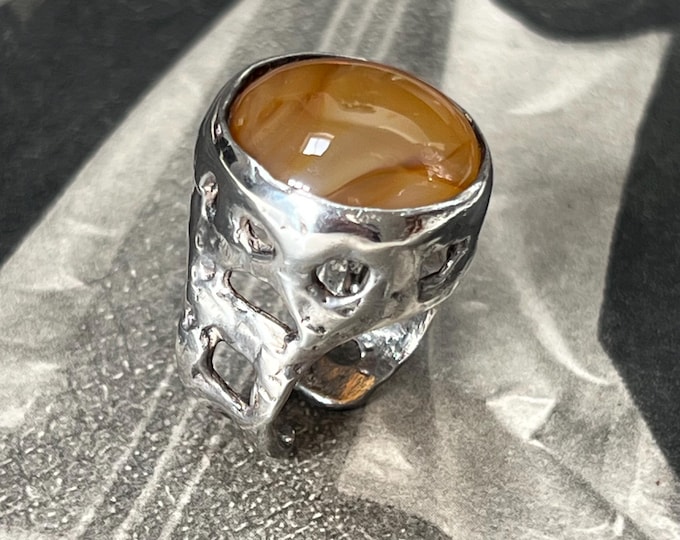 Vintage Sterling Silver Orange Agate Brutalist Statement Ring - Circa 1970s - Size L UK