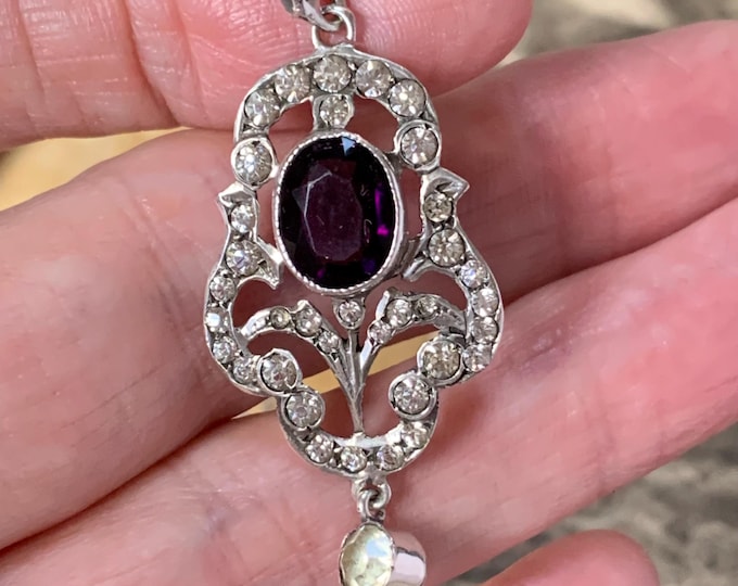 Antique silver paste diamond and amethyst pendant. Edwardian pendant with silver chain