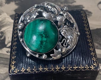 Niels Erik From Sterling Silver Brooch: Fish & Stars and Malachite gemstone. circa 1950s. 19 grams