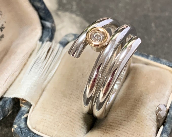 Sterling Silver Ring: Gold Bezel Zirconia, Danish Design, Size R