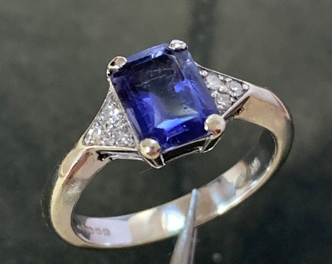 Diamond and Emerald cut Iolite set in 9ct White Gold Ring