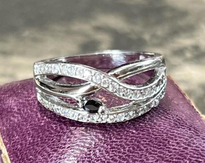 925 Silver Marquise Natural Sapphire & Zirconia Dress Ring | Vintage Crossover Style | Size R