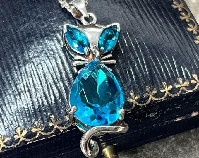 Blue Topaz Cat Pendant | 925 Sterling Silver Cat Necklace