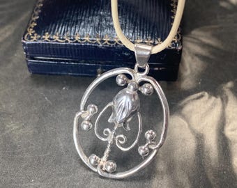 Harald Jacobsen Silver Pendant 1930s Art Nouveau Danish Floral Design with 20 inch strap necklace