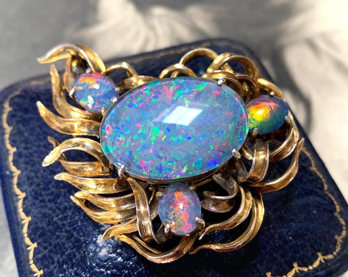 Vintage Black Opal Brooch, Gold Vermeil Modernist Statement Pin, John Donald Mid Century Opal