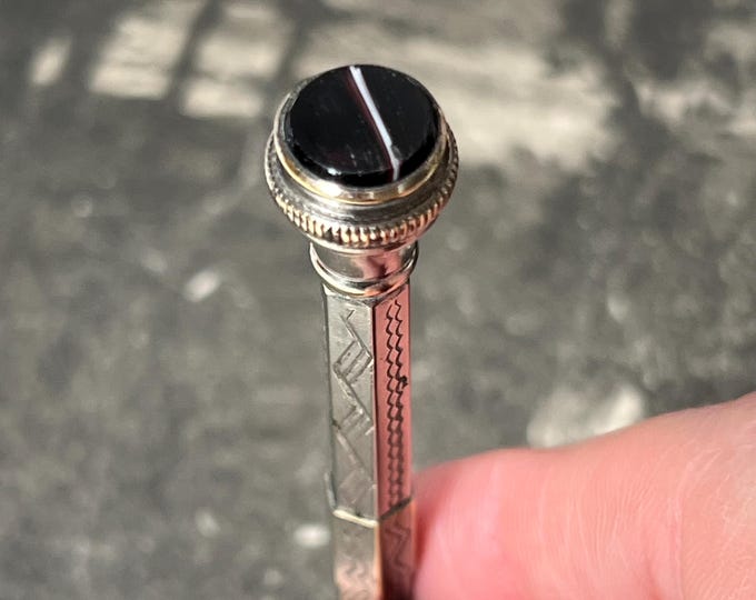 Antique Art Deco Agate Propelling Pencil | Black Banded Agate Finial | Vintage Mechanical Pencil | Engraved Hexagonal Pencil Gift
