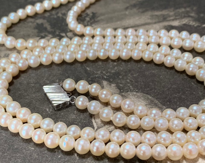 Matinee double stand Akoya Pearl Necklace. A beautiful 14ct 585 White Gold Clasp. Amazing piece