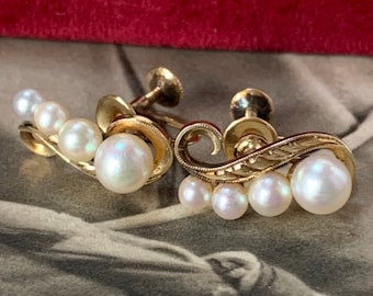 14ct Gold Earrings Mikimoto akoya pearls - Vintage 1960s Screw back earrings