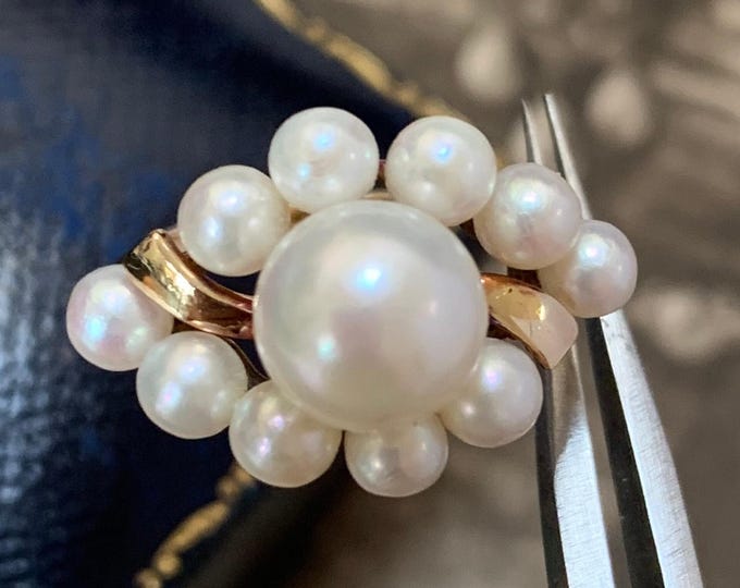 Vintage Mikimoto 14ct Gold Bypass Ring, 8mm Central Akoya Pearl, 10x4mm Pearls