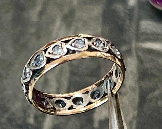 Vintage 9ct Gold Silver Eternity Ring, 1970s White Spinel Heart Ring