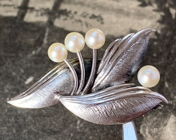 Vintage Mikimoto Pearl Leaf Brooch, 1940s Japanese Akoya Pearl Pin