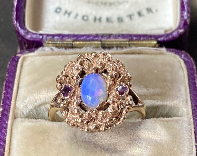 Opal Ring Antique 12ct Gold Floral Band with rubies, Size US 3