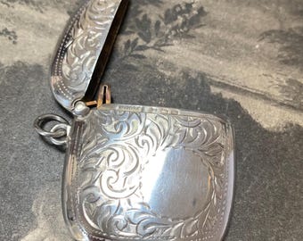 1921 Sterling Silver Floral Locket Pendant: Antique Engraved Vesta Case Necklace