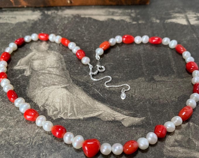Red Coral and White Freshwater Pearl Necklace with silver 925 slider extender clasp 37 - 42 cm long