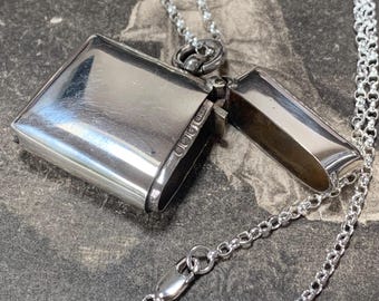 1903 Silver Vesta case pendant Locket necklace. New 24" recycled sterling silver belcher chain. 26.5 grams total