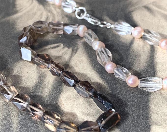 Vintage Faceted Smoky Quartz & Pink Freshwater Pearl Necklace – Argentium Silver 960 Clasp – 16" Long