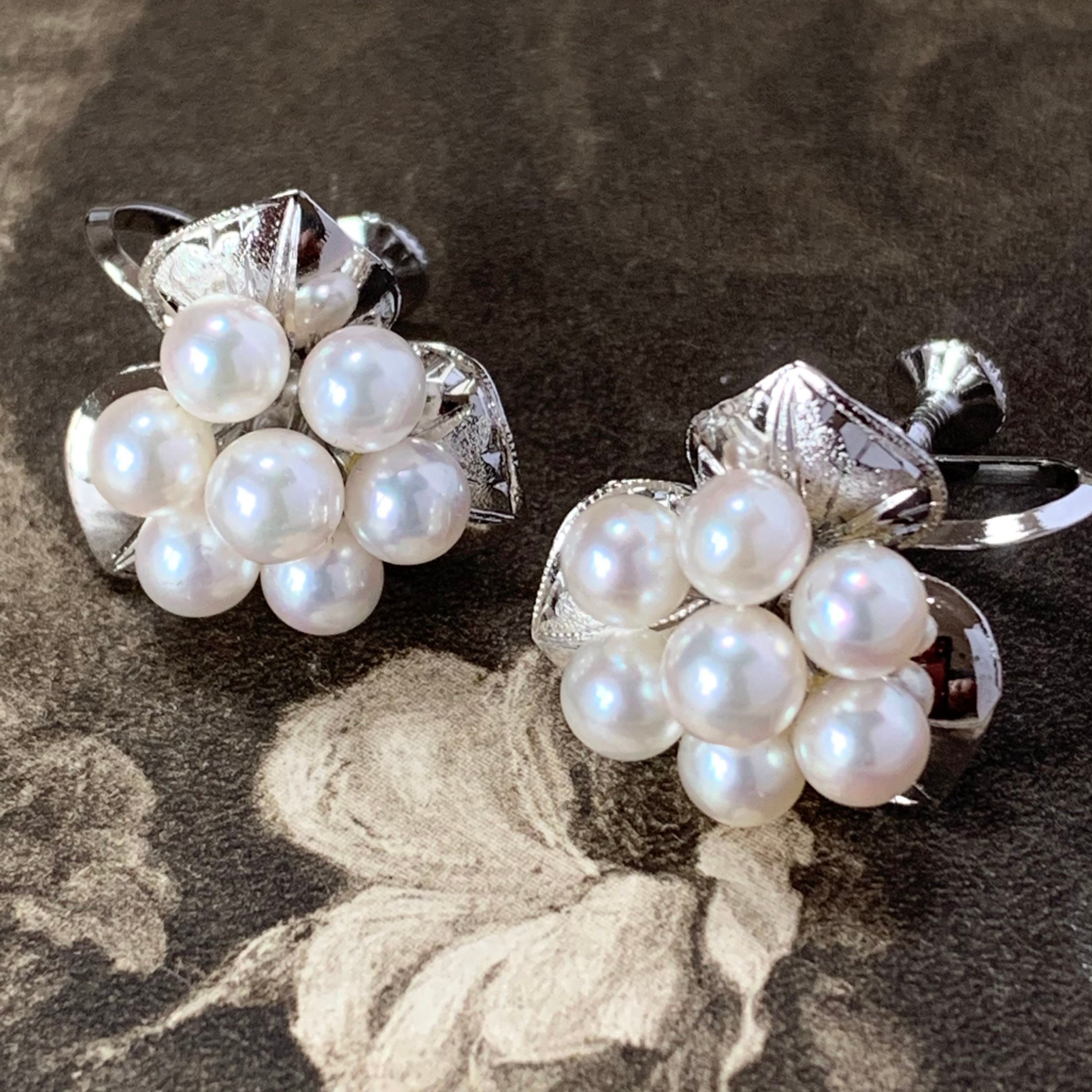 Pair Of Exquisite Vintage Pearl Multi-Cluster Earrings, Each Featuring A Captivating Petal Design Adorned With Seven Lustrous Pearls