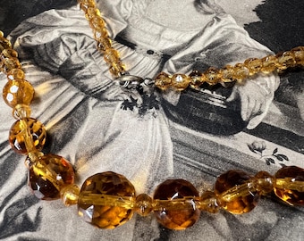 Art Deco Citrine Glass Necklace: Bohemian Graduated Faceted Beads, 1930s