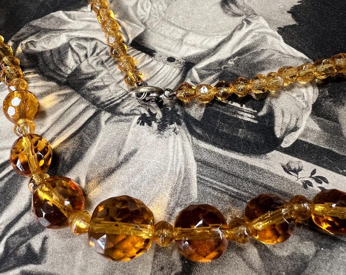 Art Deco Citrine Glass Necklace: Bohemian Graduated Faceted Beads, 1930s
