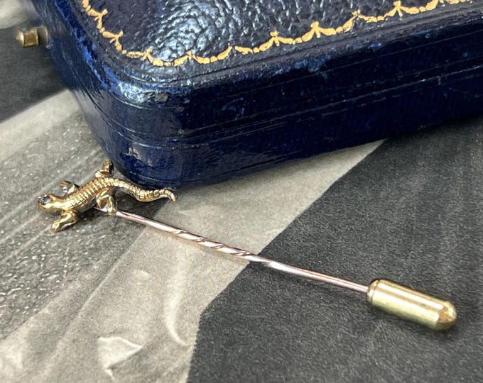 Antique 9ct Gold Lizard Stick Pin | Art Deco Gecko Lapel Brooch
