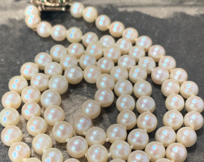 Vintage Akoya Pearl Necklace: 9ct Gold Turquoise Clasp, 24 Inch
