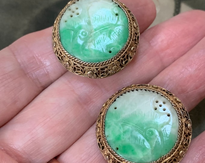 Qing Dynasty Jadeite Phoenix Earrings: Antique Silver Gilt Filigree