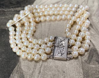 Vintage Pearl Bracelet: 1950s Four-Row akoya pearls with Sterling Silver Clasp