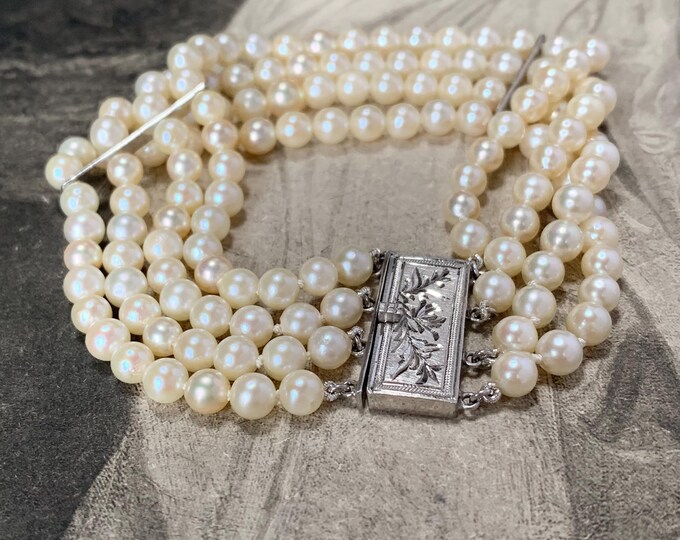 Akoya pearl bracelet | 5mm cultured pearls | Sterling silver clasp | Vintage 1950s 4 row pearl bracelet
