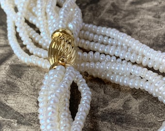 Biwa Pearl Necklace: 9ct Gold Clasp, 8-Strand Freshwater Pearls