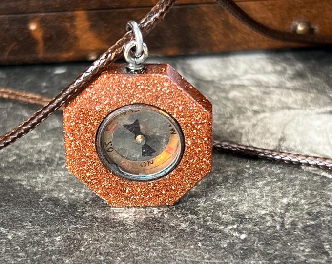 Victorian Goldstone Compass Pendant • Antique Hexagonal Fob Charm • Working Compass • 19th Century Goldstone Jewellery